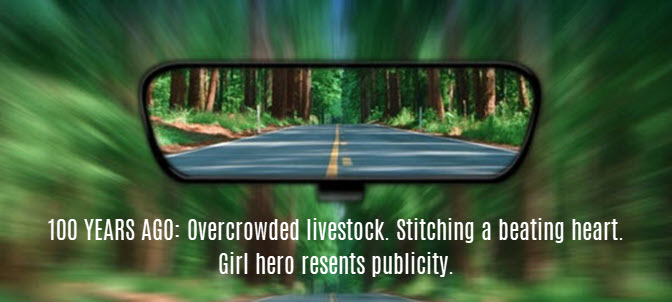 A glance in the rearview mirror: August 1921—Overcrowded livestock. Stitching a beating heart. Girl hero resents publicity.