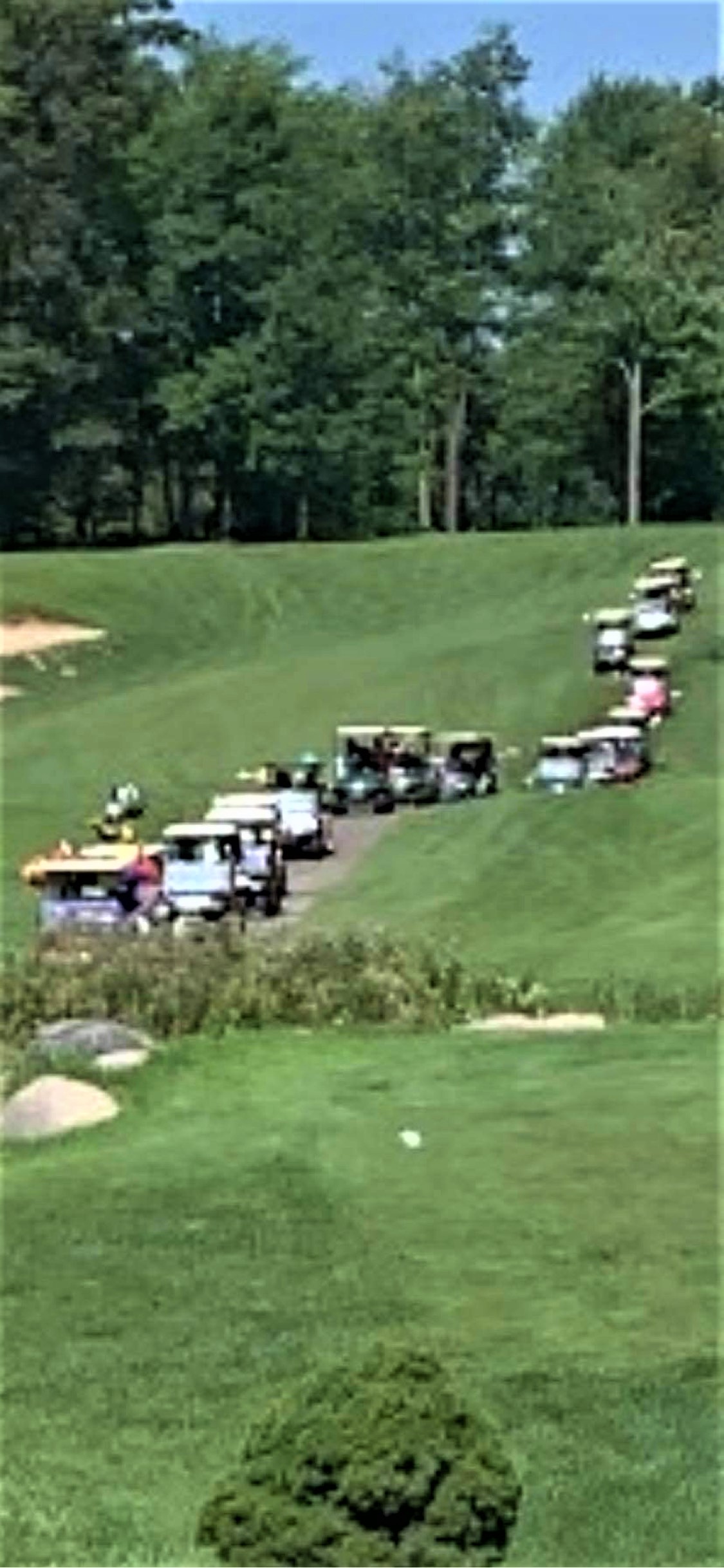 Local traffic jam at Pleasant Lake — golf carts on parade