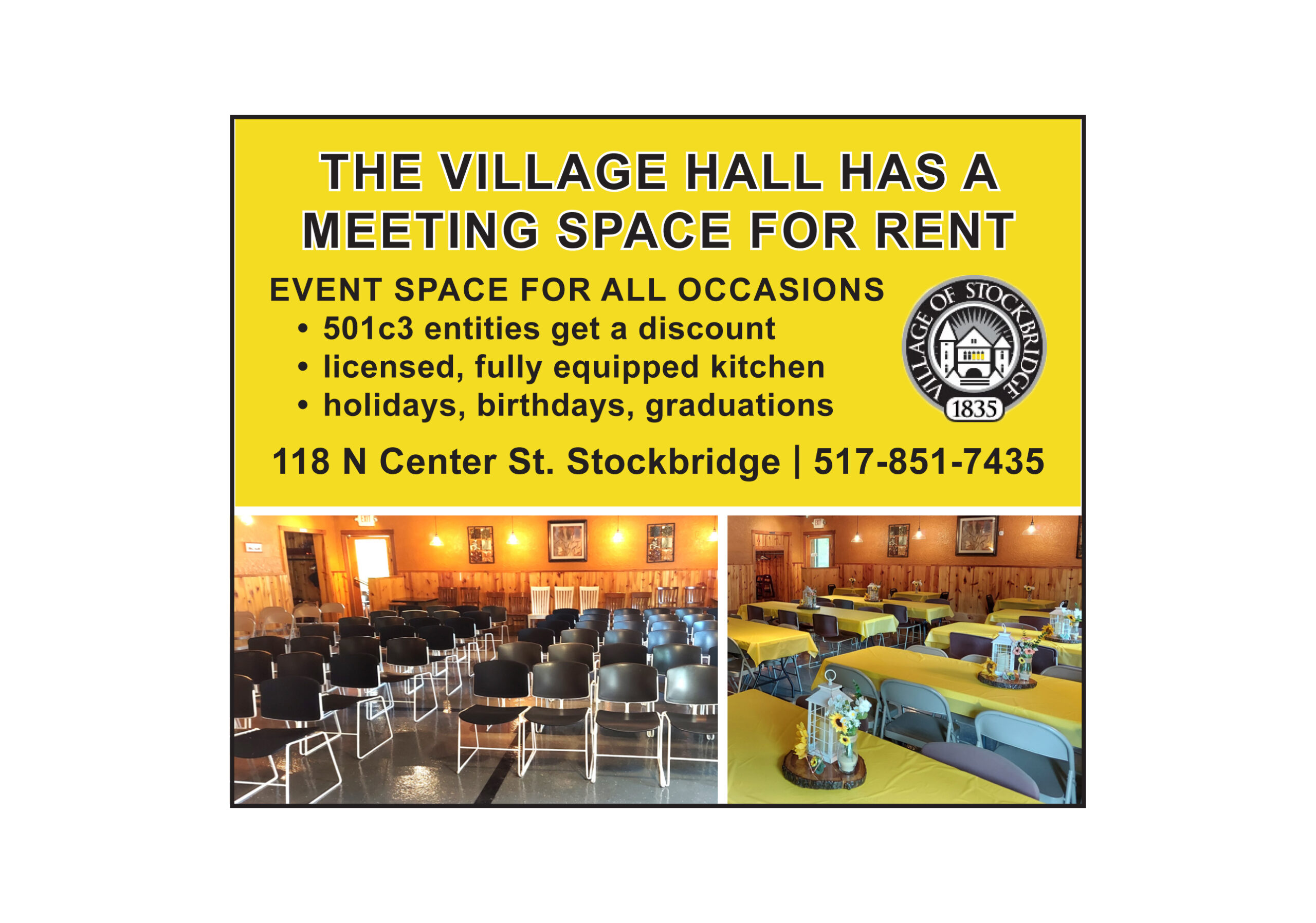 The Village Hall has a meeting space for rent