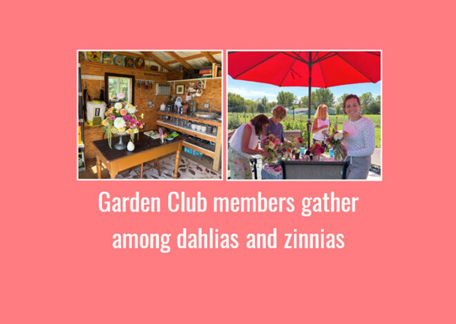 Garden Club members gather among dahlias and zinnias