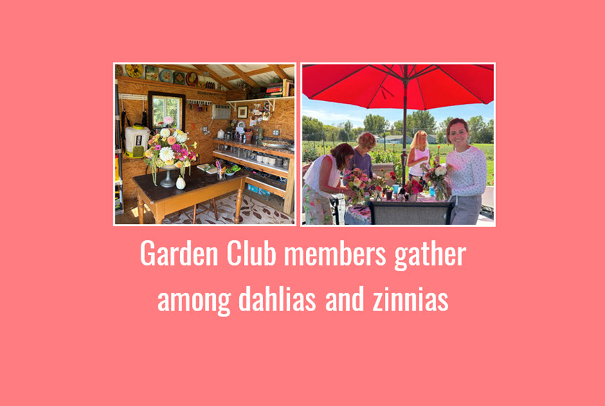Garden Club members gather among dahlias and zinnias
